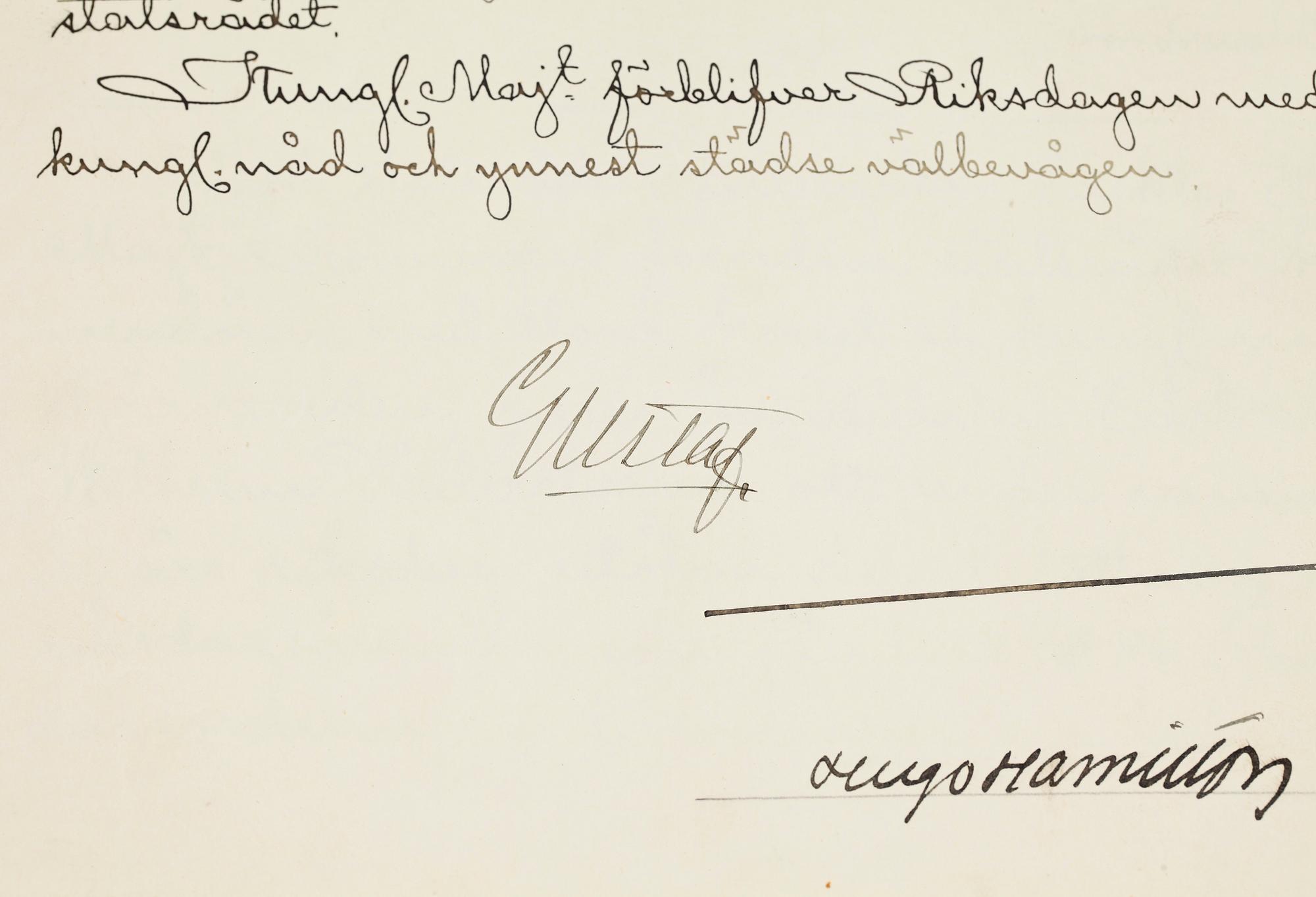 KUNGLIGA AUTOGRAFER, 2 st, av Konung Oscar II i egenskap av riksföreståndare resp Konung Gustav V, dat 1867 resp 1911.