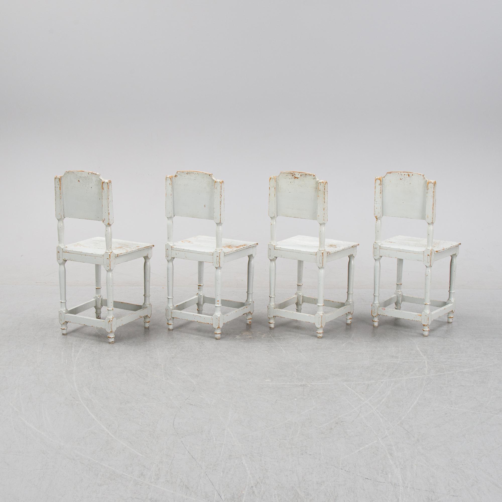 Four painte pine chairs, 19th Century.