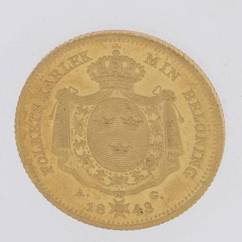 A gold 2 ducat coin Karl XIV Johan of Sweden, 1843.