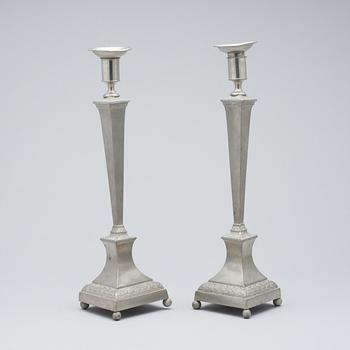 A pair of late Gustavian pewter candlesticks by M. Artedius, Norrköping 1802.
