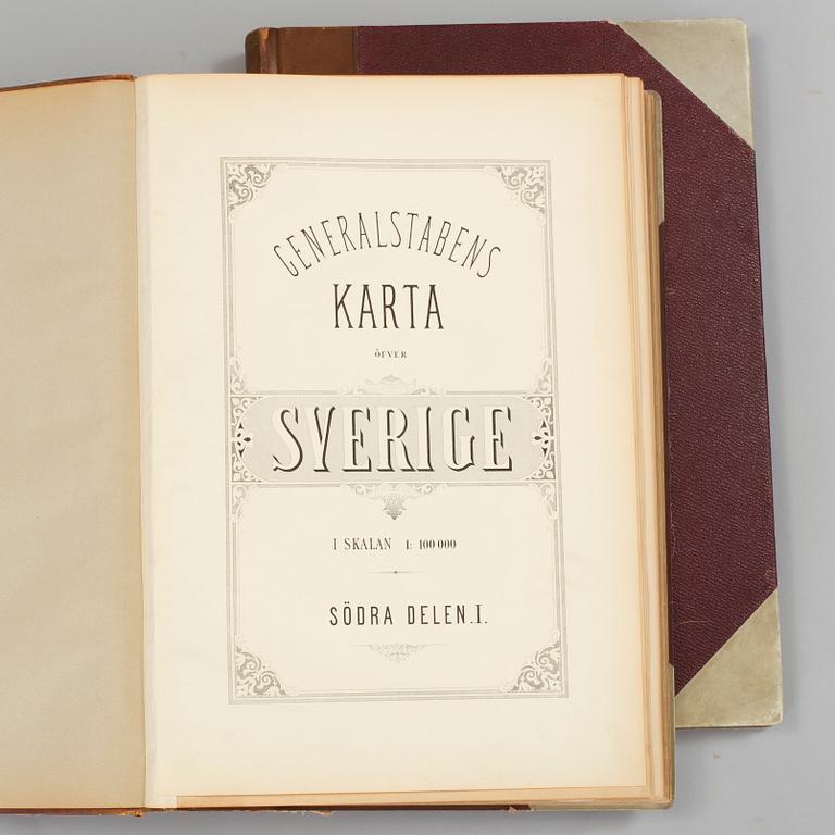 GENERALSTABEN. 2 vol, Generalstabens Karta öfver Sverige. Södra delen 1-2, Karta 1-120. Utan tryckår, sent 1800-tal.