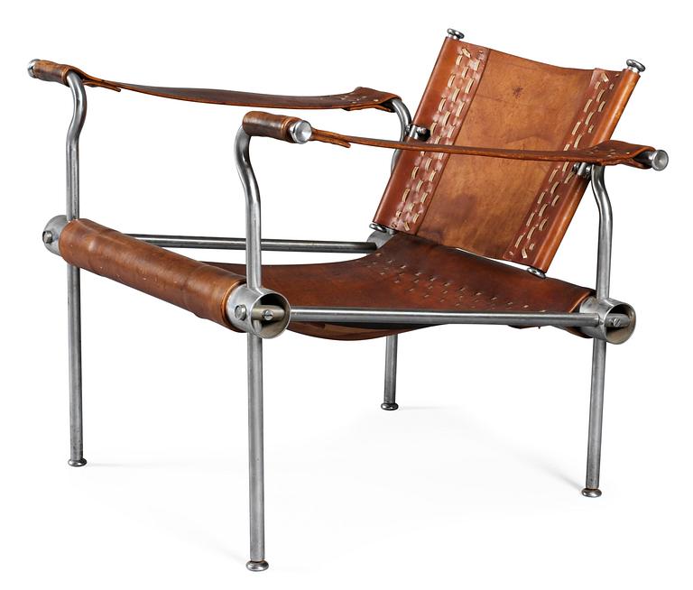 A unique Hans Asplund steel and brown leather armchair, for KF, Sweden 1949.