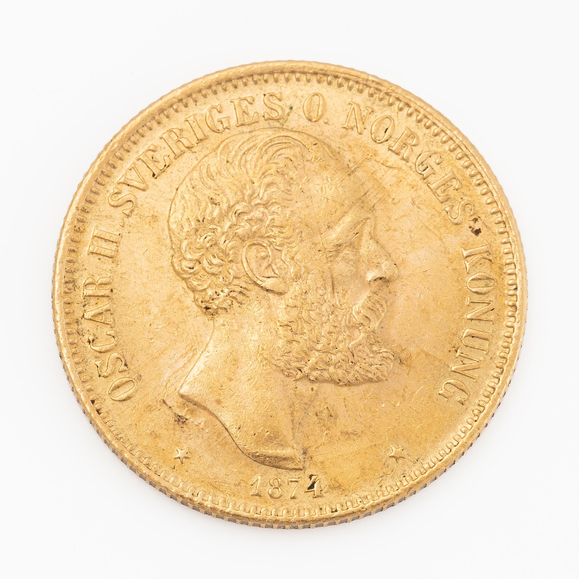 Guldmynt, Sverige, Oscar II, 20 kronor typ I, 1874.