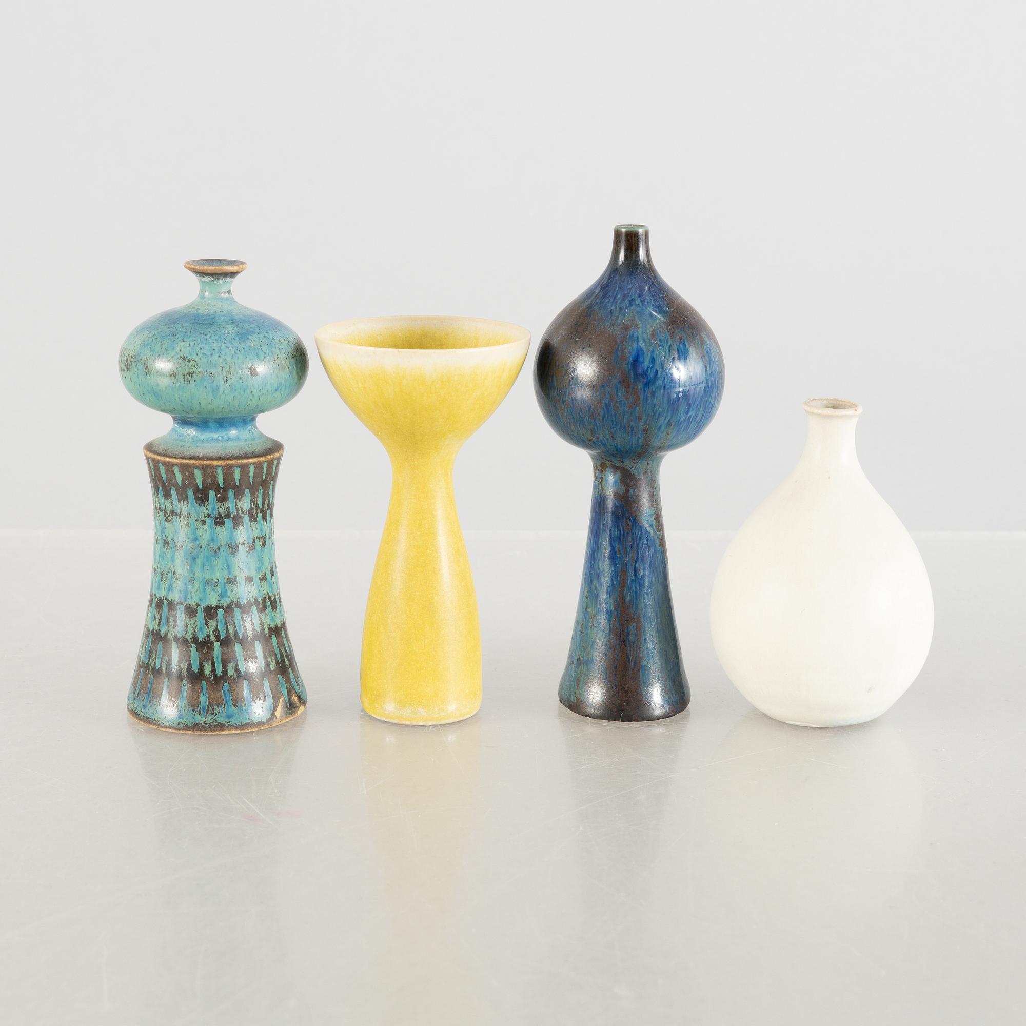 Stig Lindberg, a set of four miniature stoneware vases and two bowls, Gustavsberg Studio.