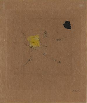 HANS BELLMER, torrnål och akvarell på brunt papper, 1969, signerad med blyerts.