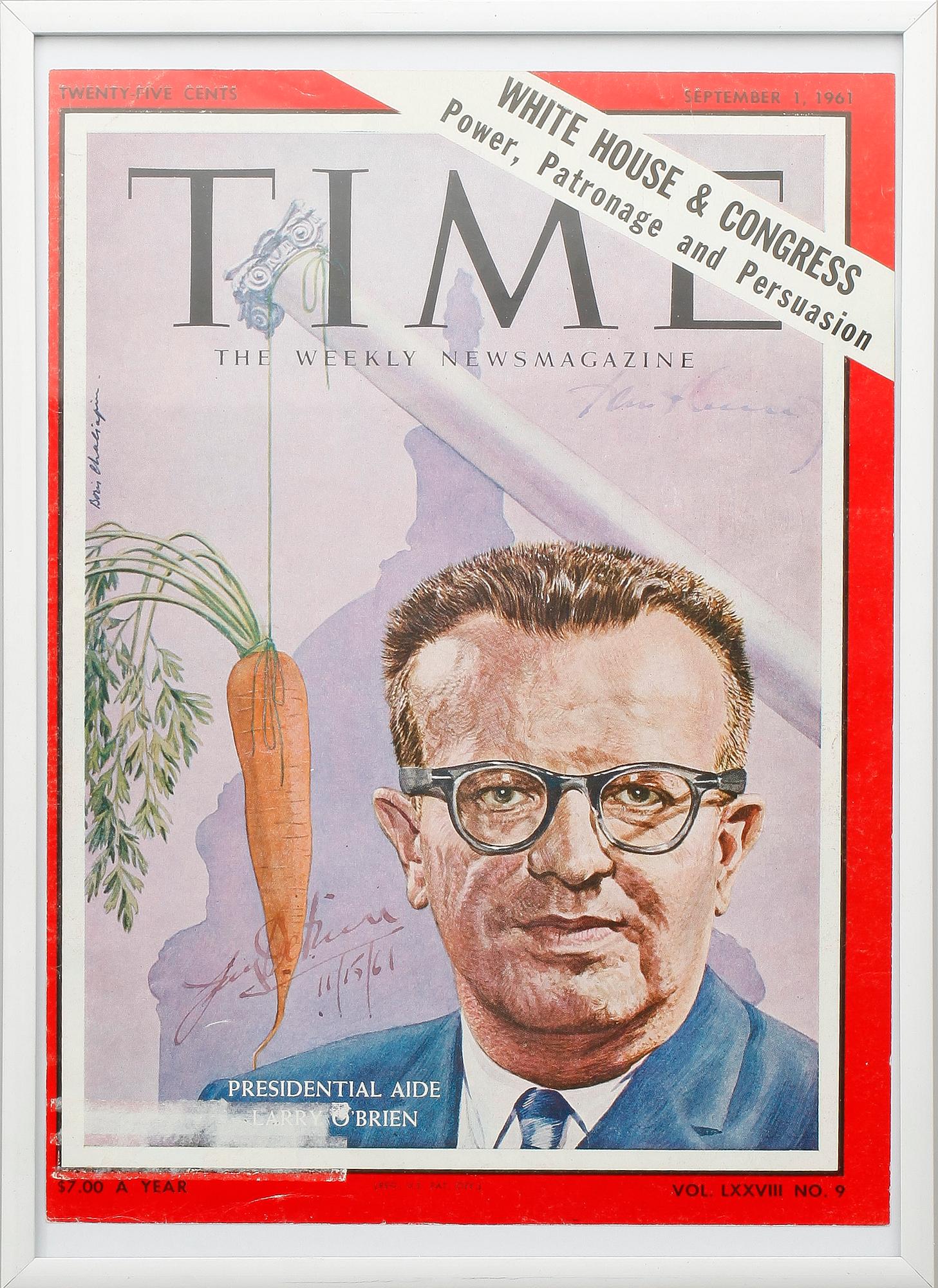 AUTOGRAFER, egenhändiga signaturer av John F Kennedy och Larry O'Brien.