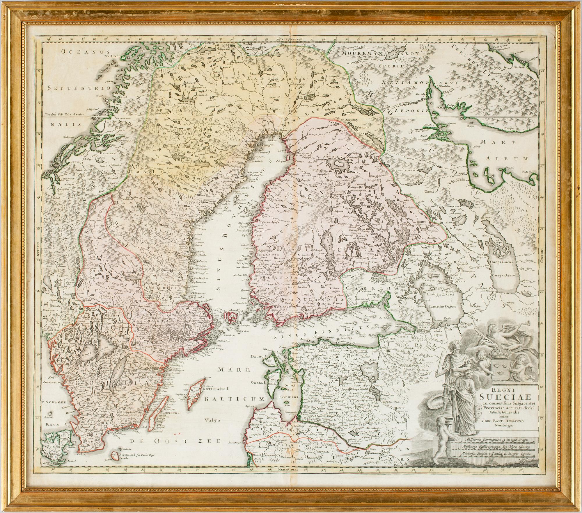 KARTA. handkolorerat kopparstick, "REGNI SUECIAE", Johan Baptista Homann. 1700-talets första hälft.