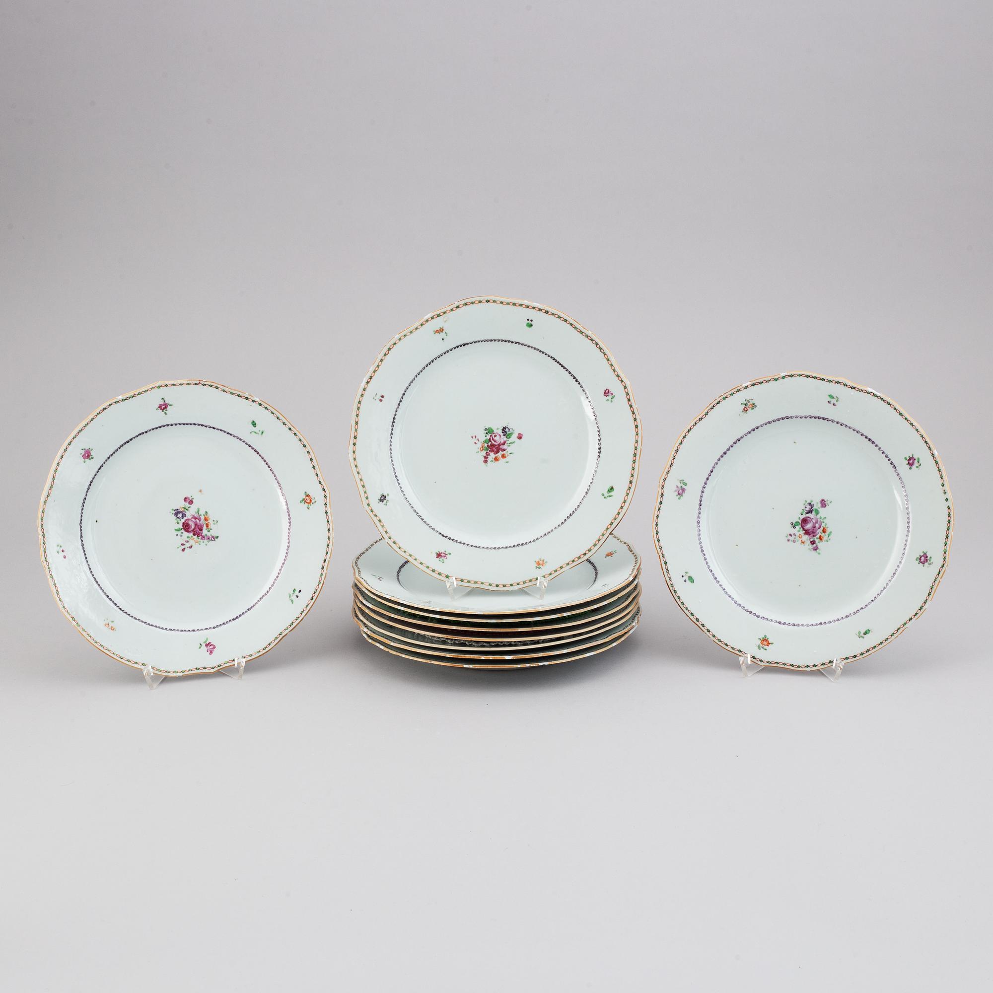 Tallrikar, 10 stycken, kompaniporslin. Qingdynastin, Qianlong (1736-95).