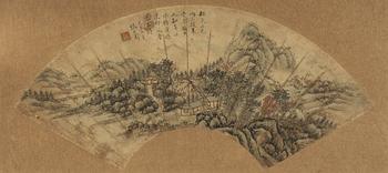 Zhang Shiyuan, a fan painting with featuring landscape.