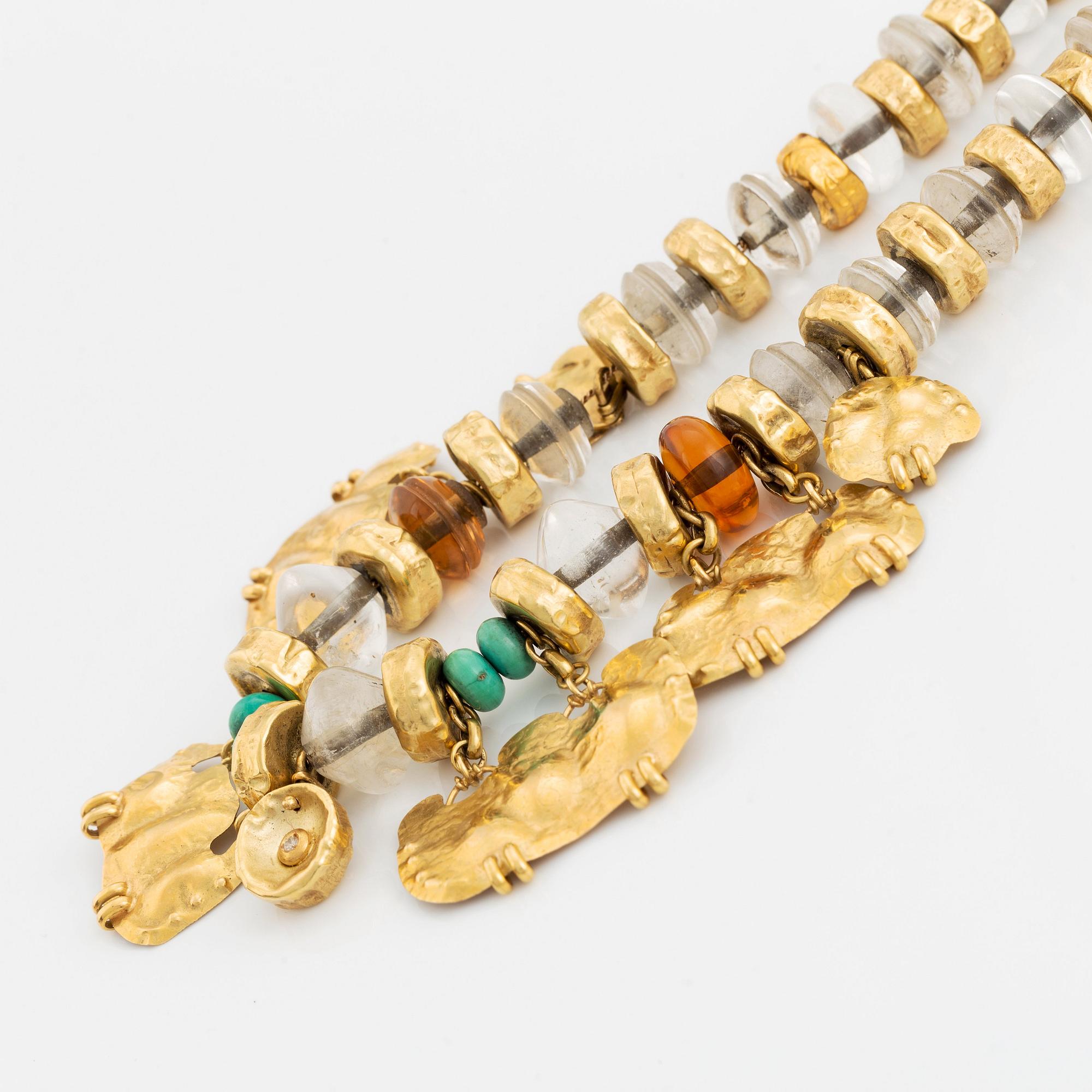 An 18K gold and Misani Milano necklace with quartz, turquoise and a round brilliant-cut diamond.