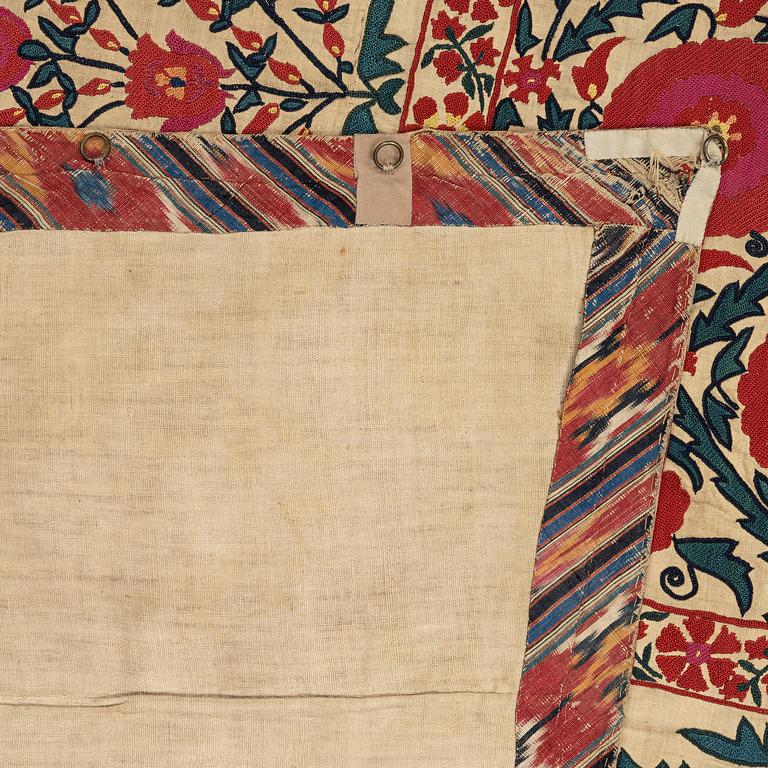 A 19th century Suzani embroidery, probably Nurata region, Uzbekistan, c. 243 x 175 cm.