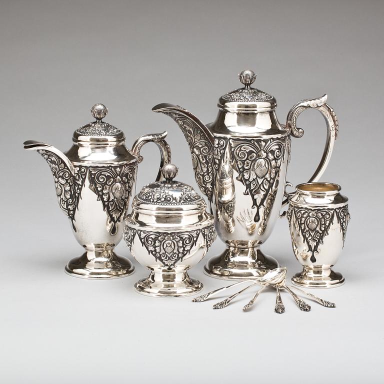 KAFFE- OCH TESERVIS, 10 delar. Silver 800/1000. Delux,  Asien. Ca 1600g.