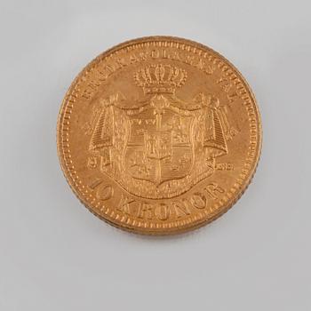 GULDMYNT, 10 kr, Oscar II, 1883. Vikt ca 4 gram.