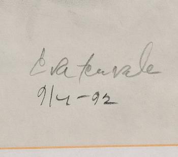 EEVA TERVALA, hiilipiirros, signeerattu ja päivätty 9/4 -92.