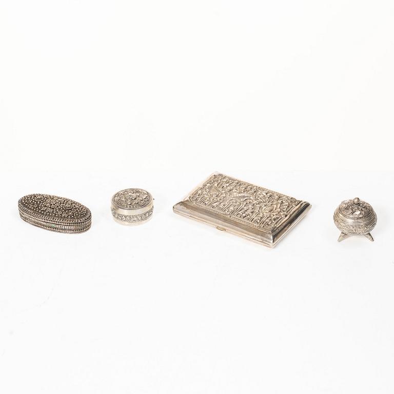 Boxes, 7 pcs, and a cigarette case, silver, 20th century.