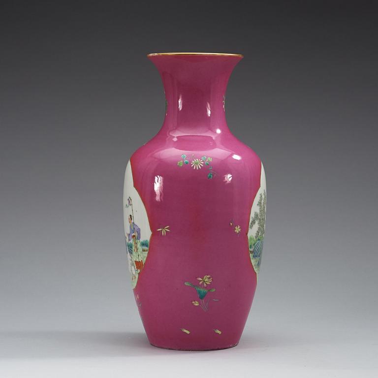 A pink ground famille rose vase, China, 20th Century, with sealmark in red.