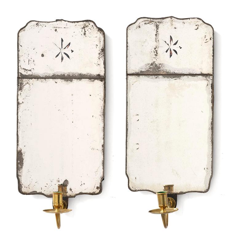 A pair of Gustavian engraved glass one-branch girandole mirrors by N. Meunier (master in Stockholm 1754-97).