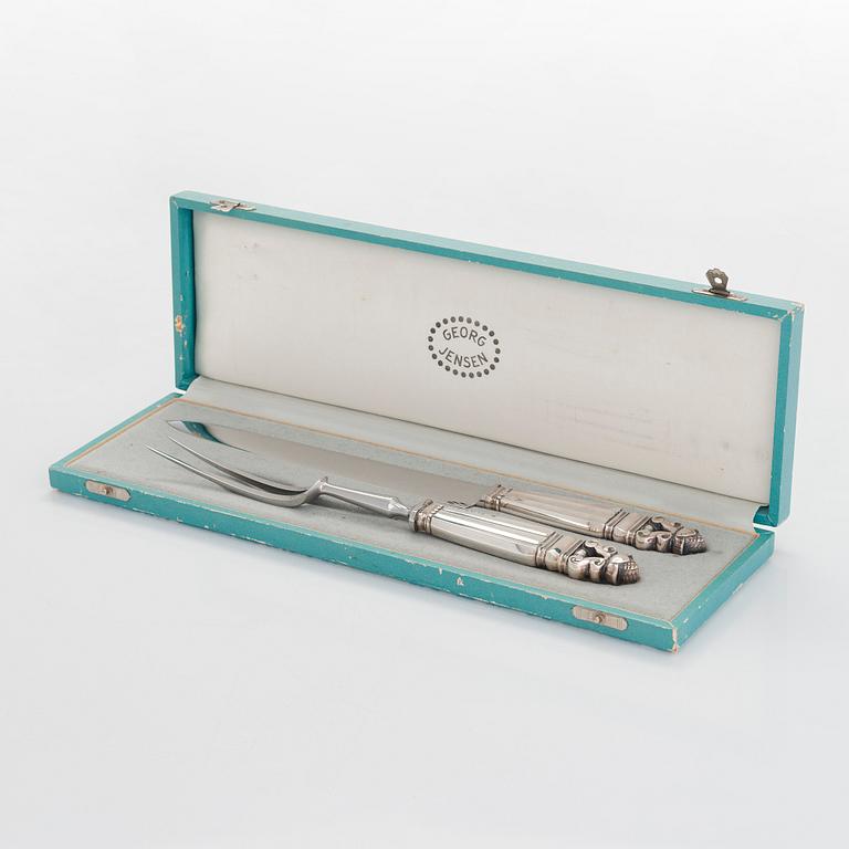 Johan Rohde, a 'Konge/Acorn' sterling silver and steel carving set for Georg Jensen, Denmark. Original box. After 1945.