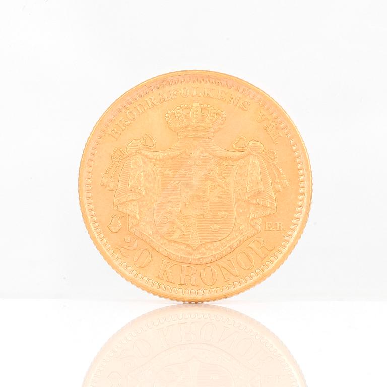 GULDMYNT, 20 kronor, Oscar II av Sverige och Norge 1884. Vikt ca 9 gram.