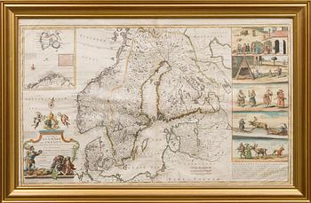 AN OLD ANTIQUE MAP,hand-coloured copper engraving, Scandinavia with 5 vignettes of the Laplanders, H. Moll London 1715.