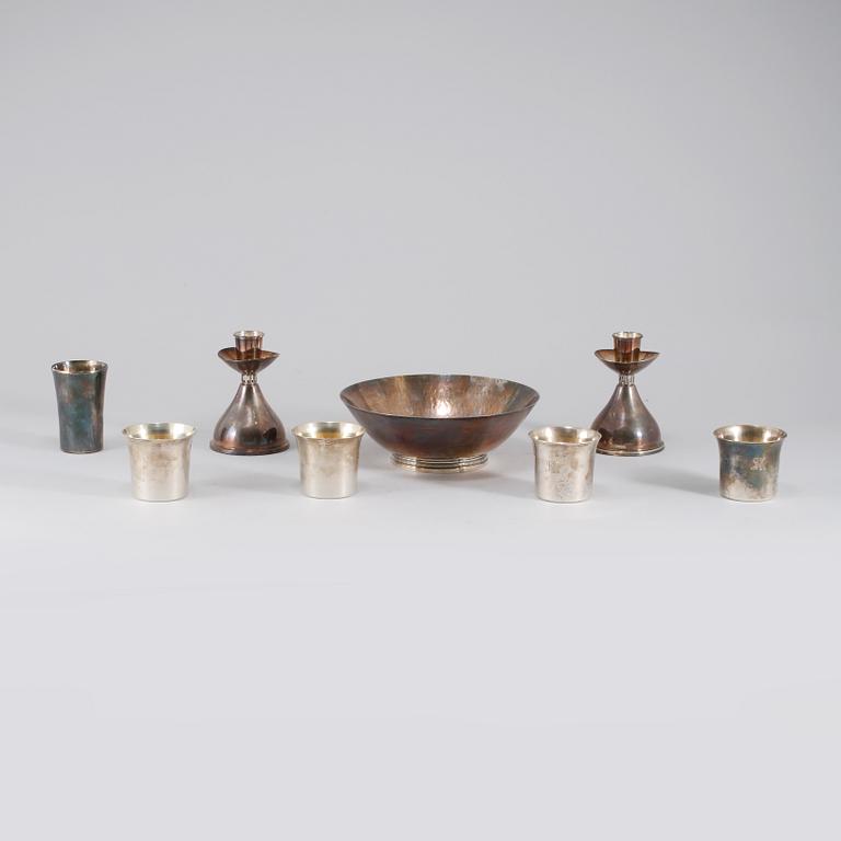 PARTI SILVER, 8 delar, bl a Eric Löfman, 1960-70-tal, Sverige, vikt exklusive ljusstakar ca 473 gram.