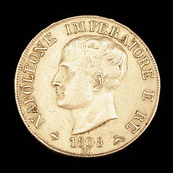 GULDMYNT, lägst 20k guld, 40 lire, Napoleanska Kejsardömet, Italien, 1808. Totalvikt 12,9g.