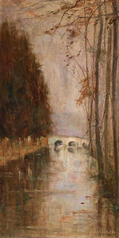 Julia Beck, The bridge, river landscape from Beaumont-le-Roger.