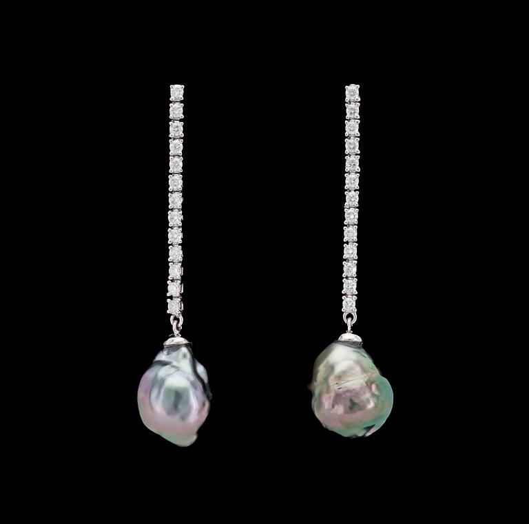 A pair of Tahiti pearl, 14 mm, and brilliant cut diamond earrings, tot. app. 0.50 cts.