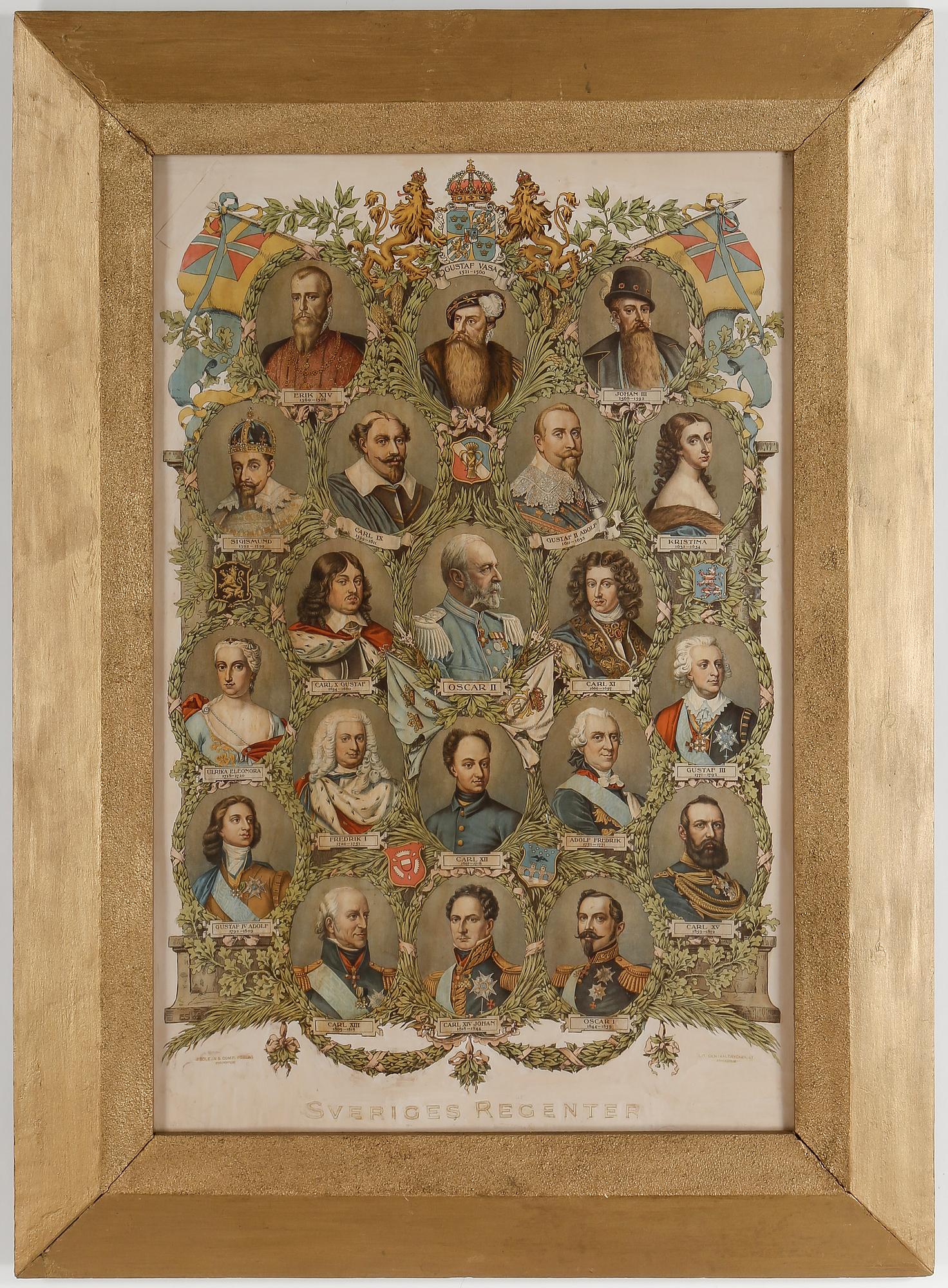 TAVLA, "Sveriges Regenter", litografi.