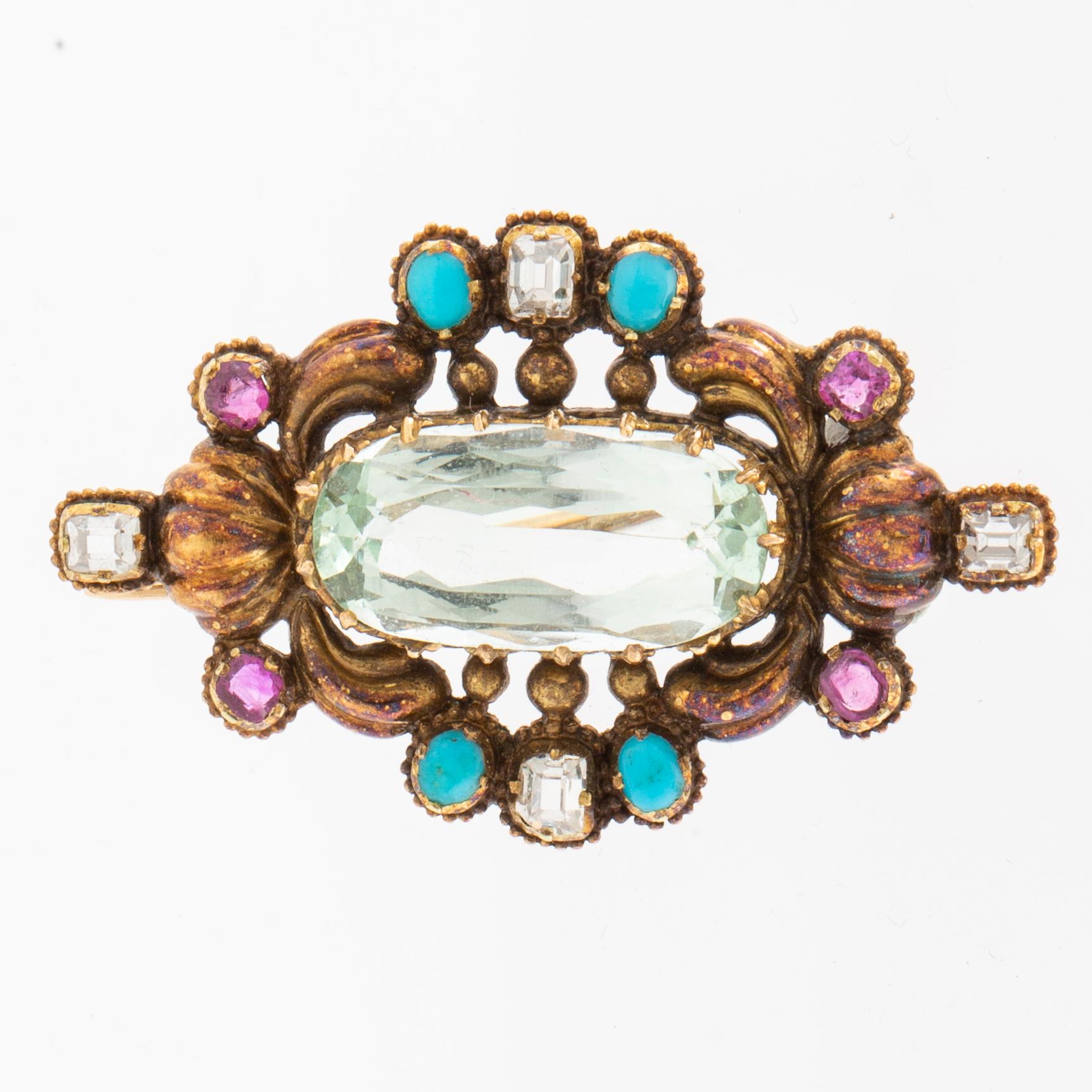 Giron & Löngren, Brosch med en akvamarin, diamanter, turkoser och rubiner, Stockholm 1832.