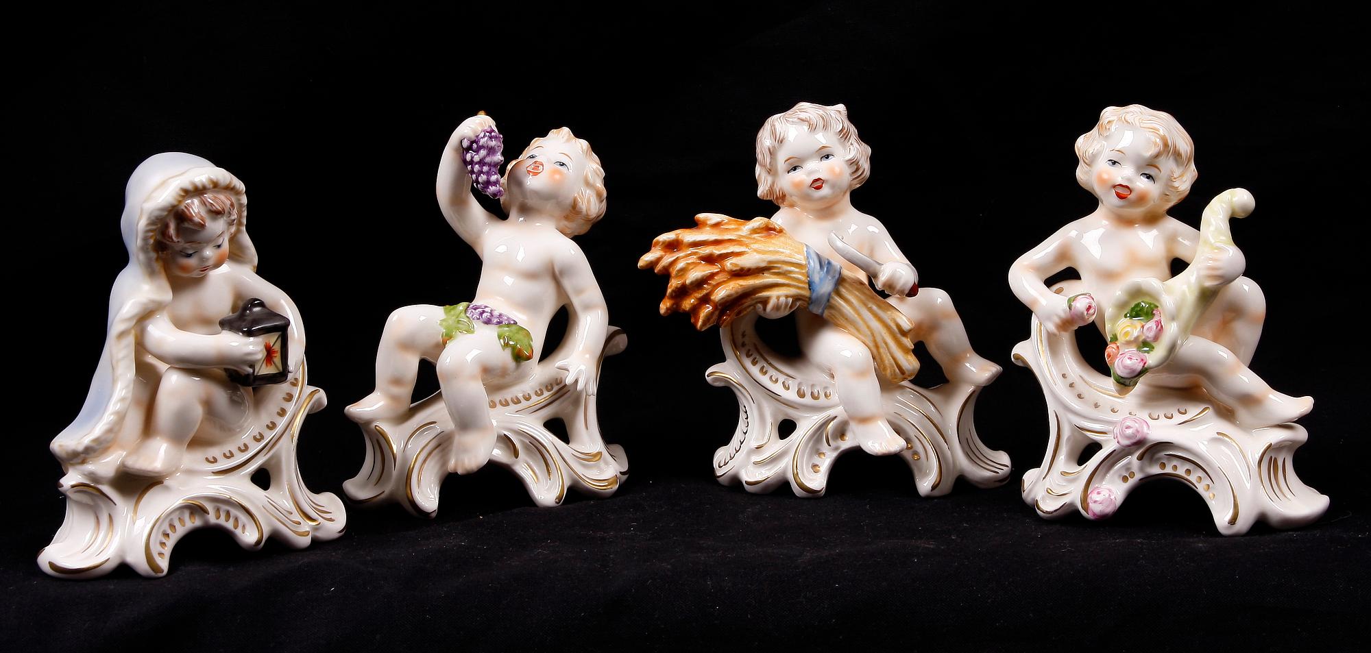FIGURINER, 4 st, porslin, rokokostil, Goebel, Västtyskland, 1900-talets andra hälft.