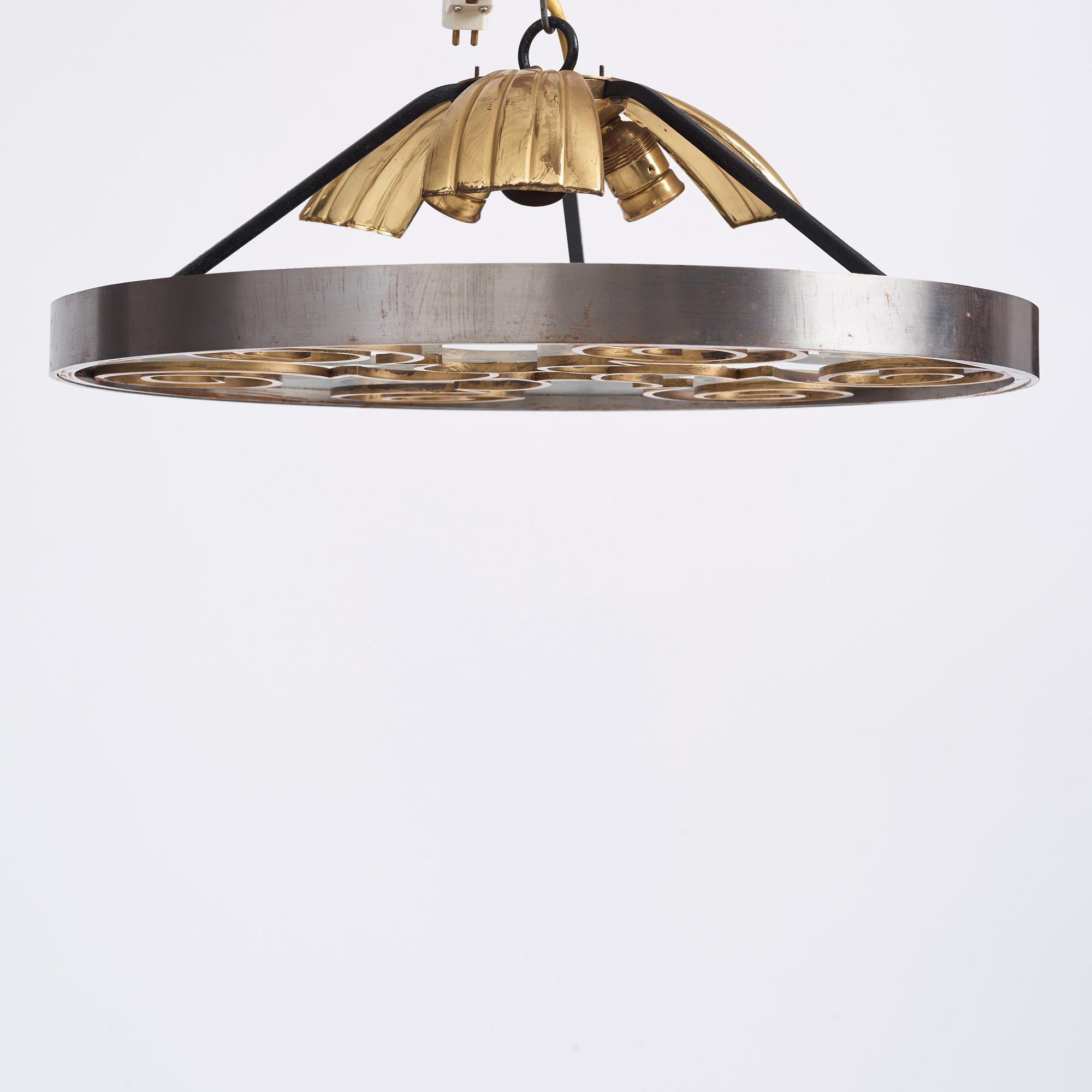Lars Holmström, a Swedish Grace brass and steel framed ceiling light, Arvika 1920-30s.