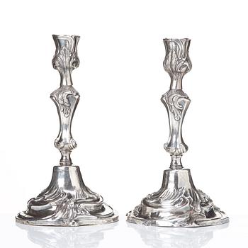 A pair of Swedish rococo argent haché candlesticks, by Caspar Liendenberg, Stockholm 1770.