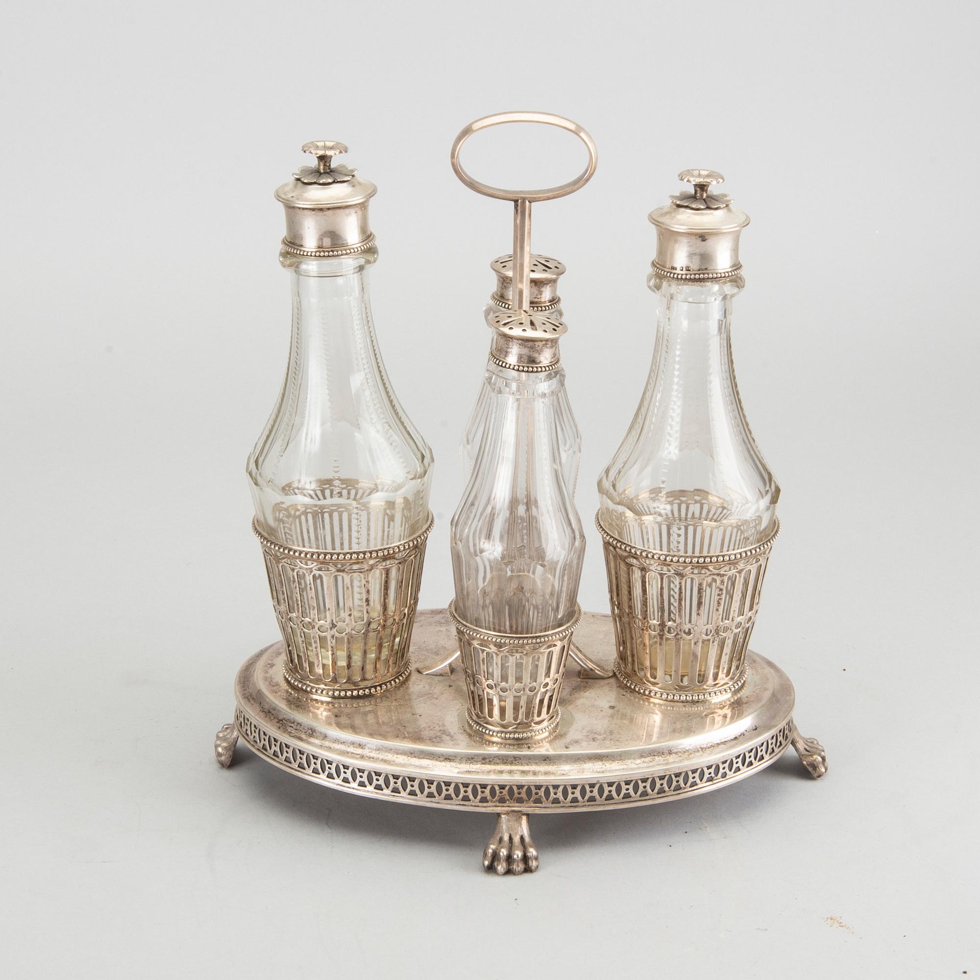 A 1809 silver and glass 
Pehr Zethelius cruetstand.