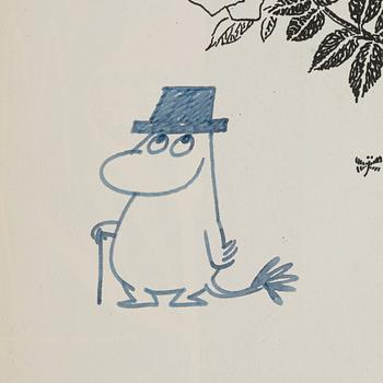 Tove Jansson, bok, "Vem ska trösta Knyttet", 1960. Med dedikation och teckning.