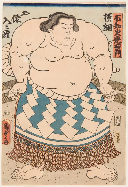 KUNISADA II (1823-1880), två stycken, färgträsnitt. Japan, 1860. "Shiranui Mitsuemon".