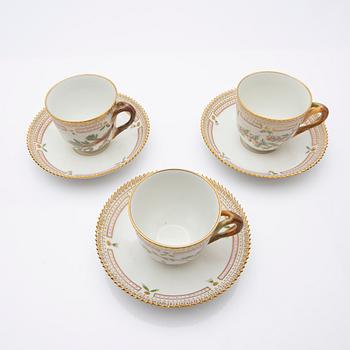 Royal Copenhagen, Coffee cups with saucers, three pieces, porcelain, 'Flora Danica', Royal Copenhagen, Denmark, 20th century.