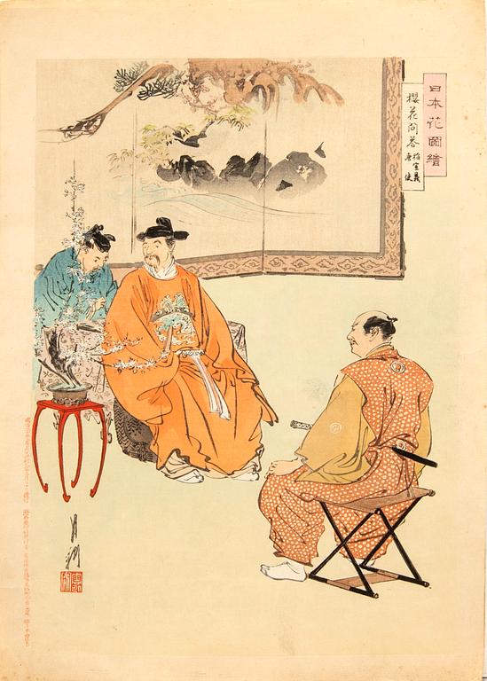 Ogata Gekko, three color woodblock prints, Japan 1890s.