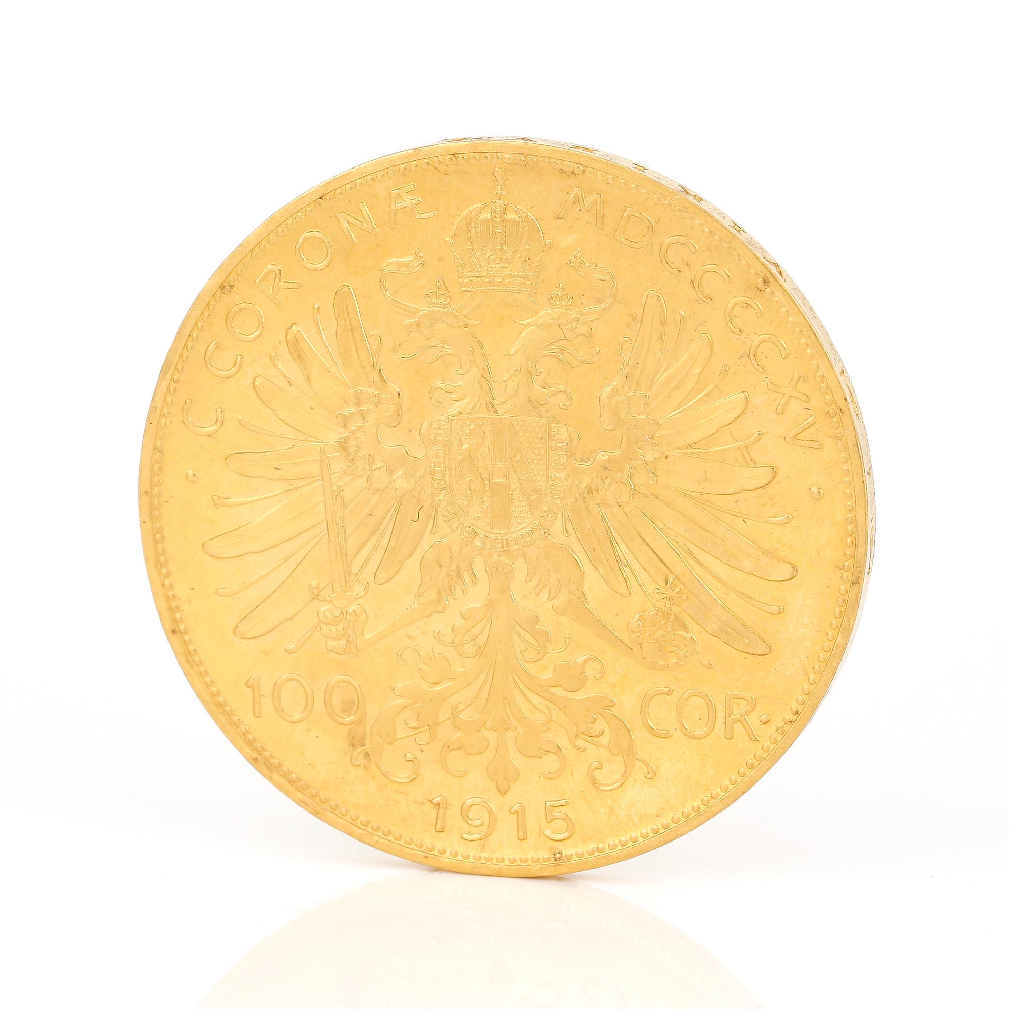 GULDMYNT, 100 Corona, Kejsarriket Österrike-Ungern, 1915. Vikt ca 33 gram.