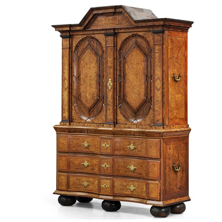 A Swedish late baroque burr-alder cabinet, first part 18th century.
