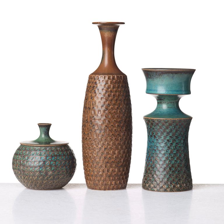 Stig Lindberg, a set of three stoneware vases, Gustavsberg studio, Sweden 1962.