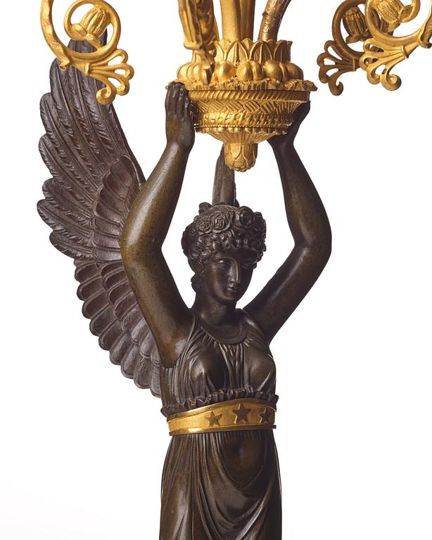 A pair of French  Empire five-light candelabra, sign. Rabiat, bronze maker in Paris 1756-1815.