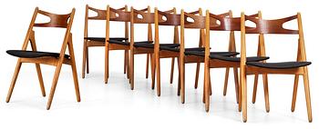 58. A set of eight Hans J Wegner teak and oak chairs by Carl Hansen & Son, Denmark 1950's-60's.