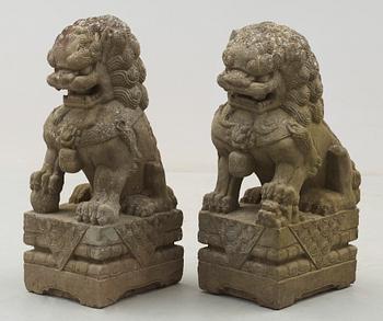 A pair of stone figures of Buddhist Lions on stands, late Qing dynasty / early 20th century..