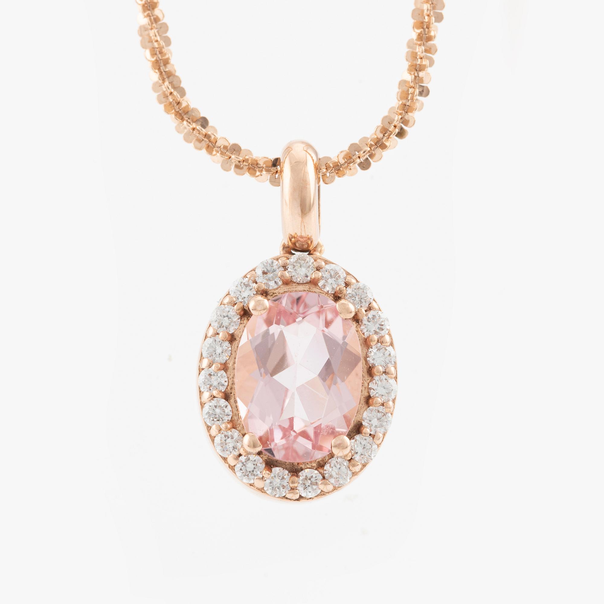 Pendant with chain in 14K rose gold with a faceted morganite and round brilliant-cut diamonds.
