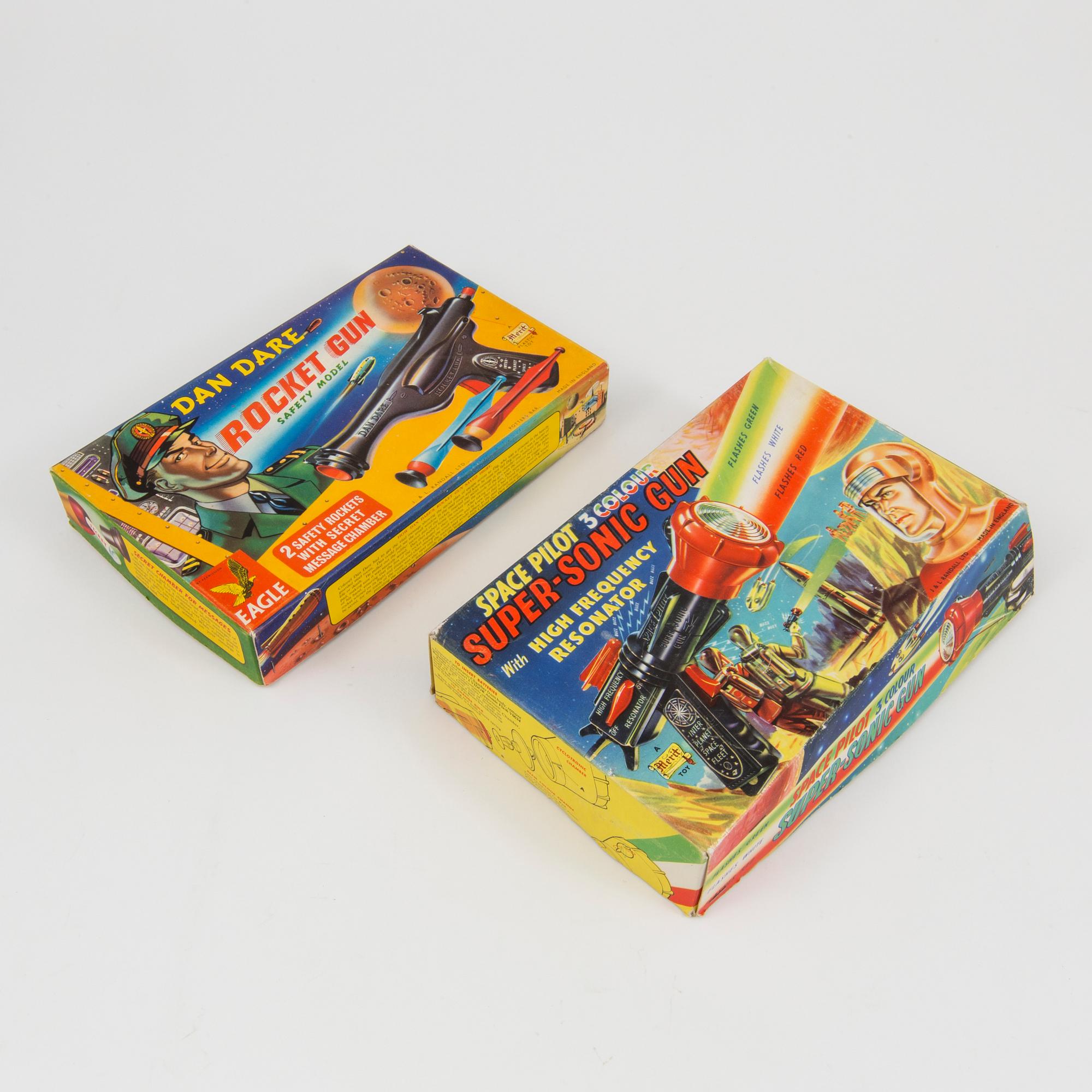 A "Super Sonic Gun" and "Dan Dare Rocket Gun" by Merit Toys, England, 1950s.