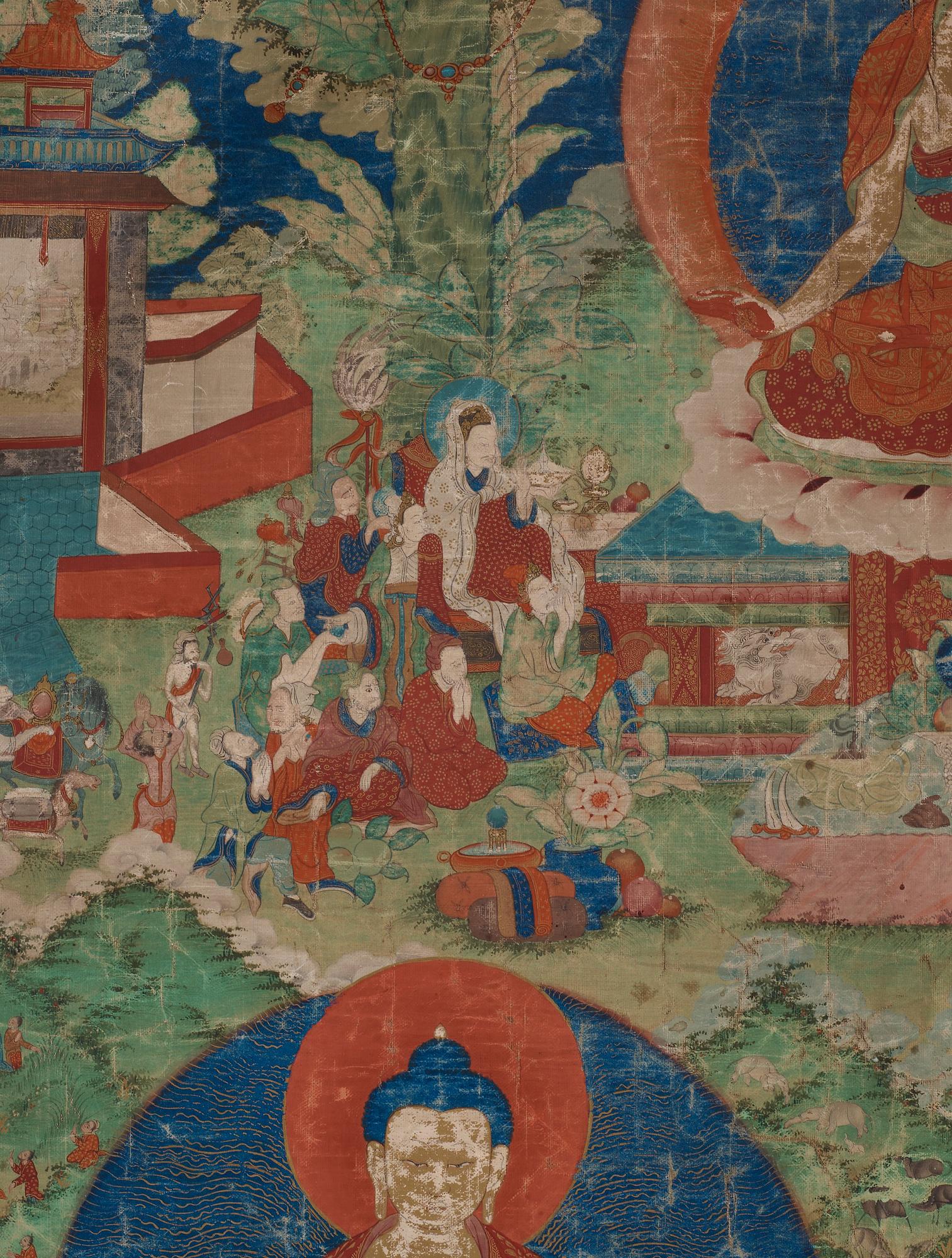 THANGKA. Tibet, troligen 1800-tal. Shakyamuni med lärjeungar och lamor.