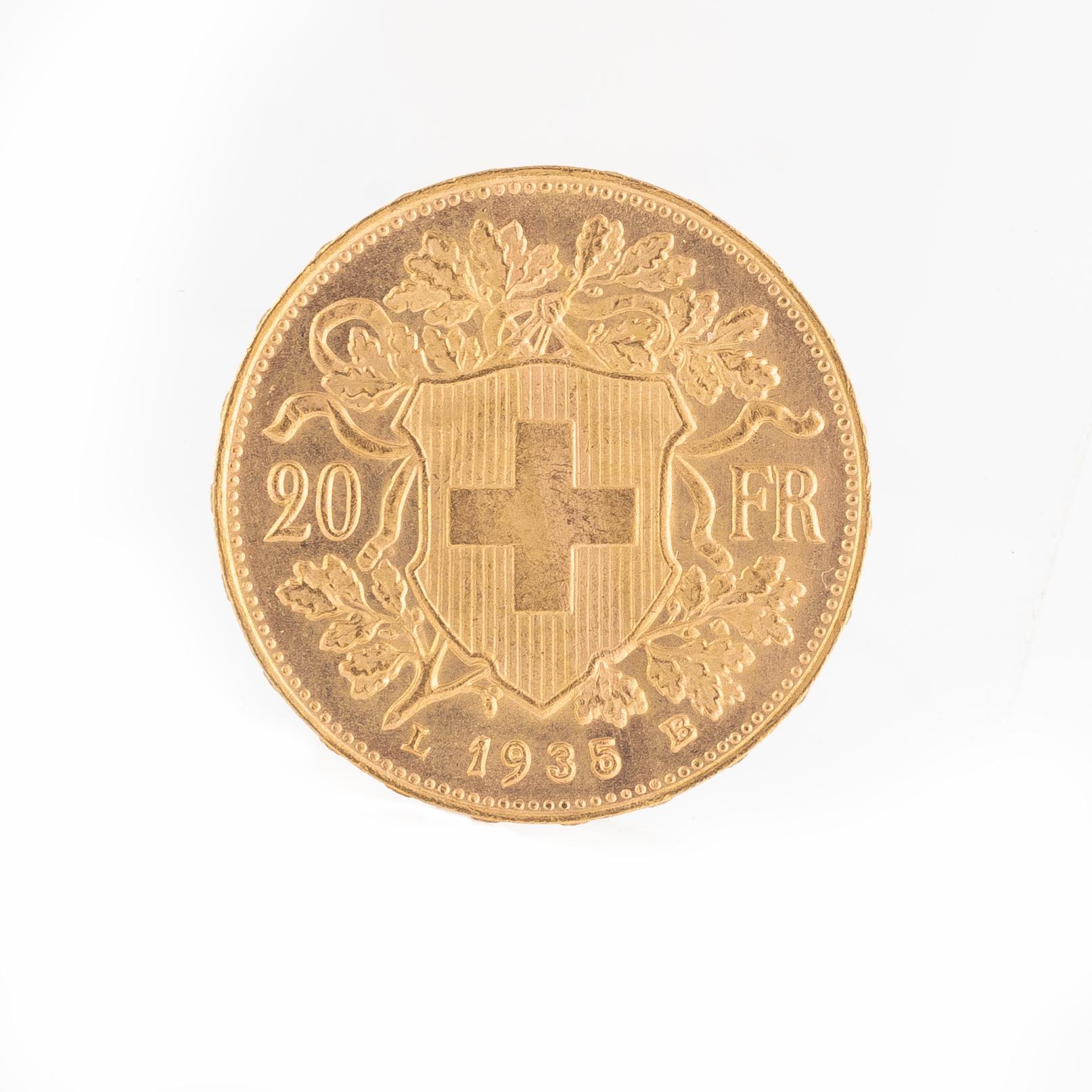 Guldmynt, Schweiz, 20 Franc, 1935 LB.