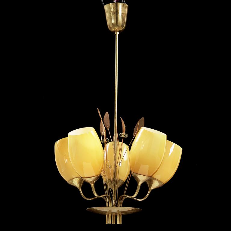 A Paavo Tynell model 9029 brass and glass ceiling lamp by Taito OY, Finland, ca 1950.