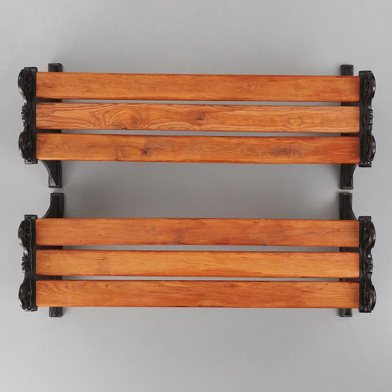 Folke Bensow, a pair of 'Parkbänk Nr 1' garden benches, Näfveqvarns bruk, Sweden.